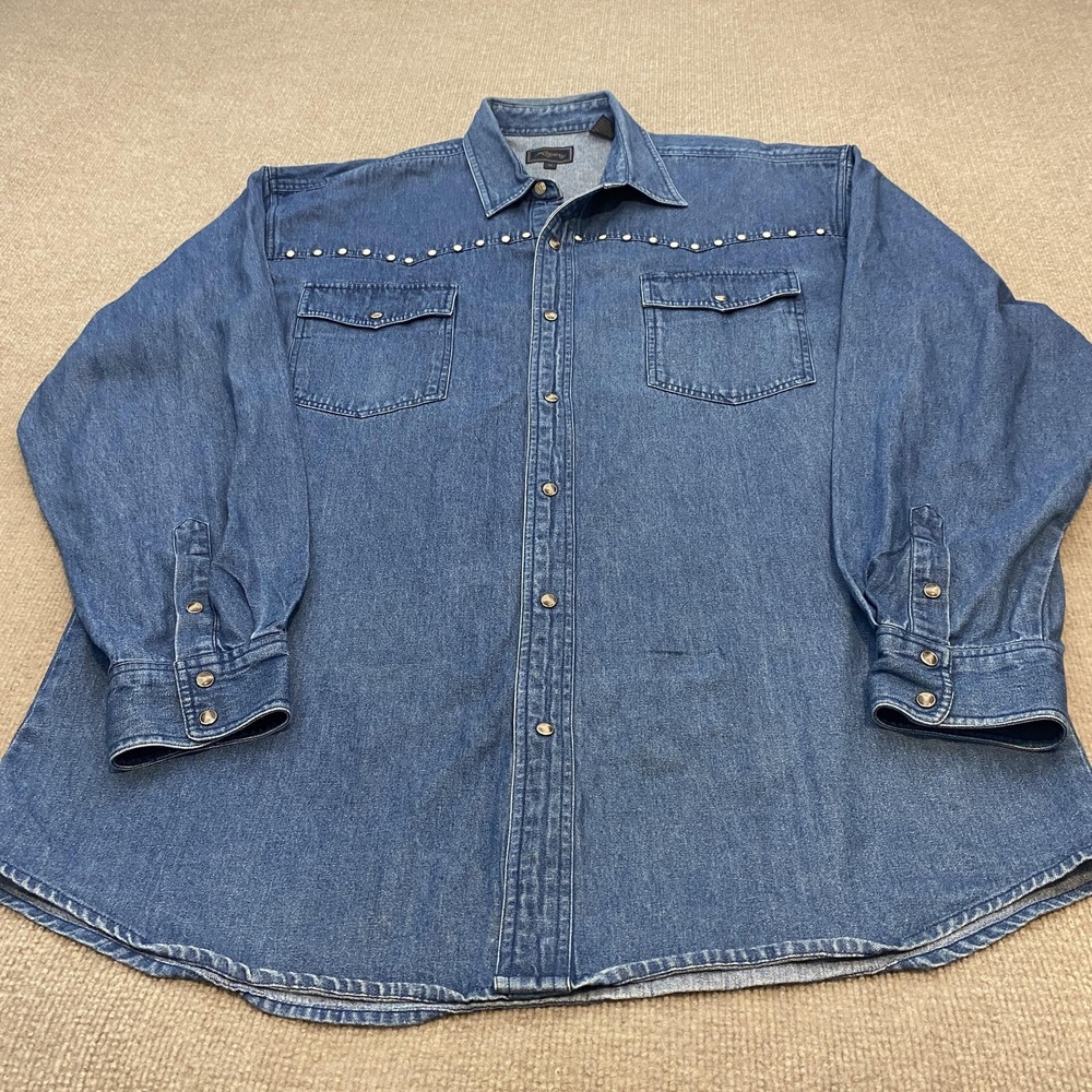 Roper Shirt Mens XL Blue Denim Western Studded Pearl Snap Front Long Sleeve